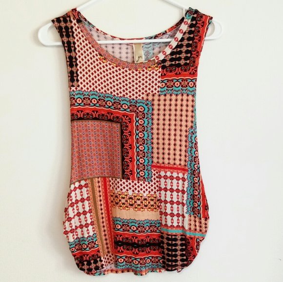 Open arms orange printed tank top by Scotty M - Picture 2 of 5